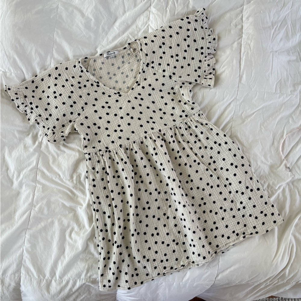 Madewell Polka Dot Babydoll Cotton Blend Dress Cream White Beige Summer Small